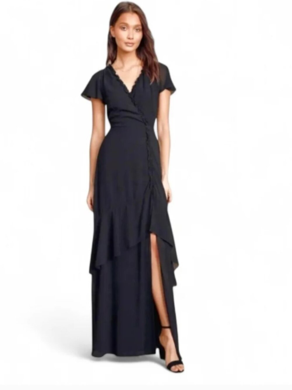 Lulus NEW Flutter Sleeve Black Ruffled Backless Maxi Chiffon Dress